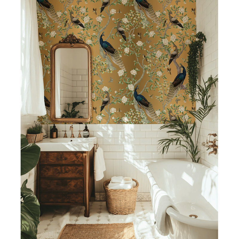 Lark Manor™ Peacock Chinoiserie Wallpaper Gold Look Floral Wall
